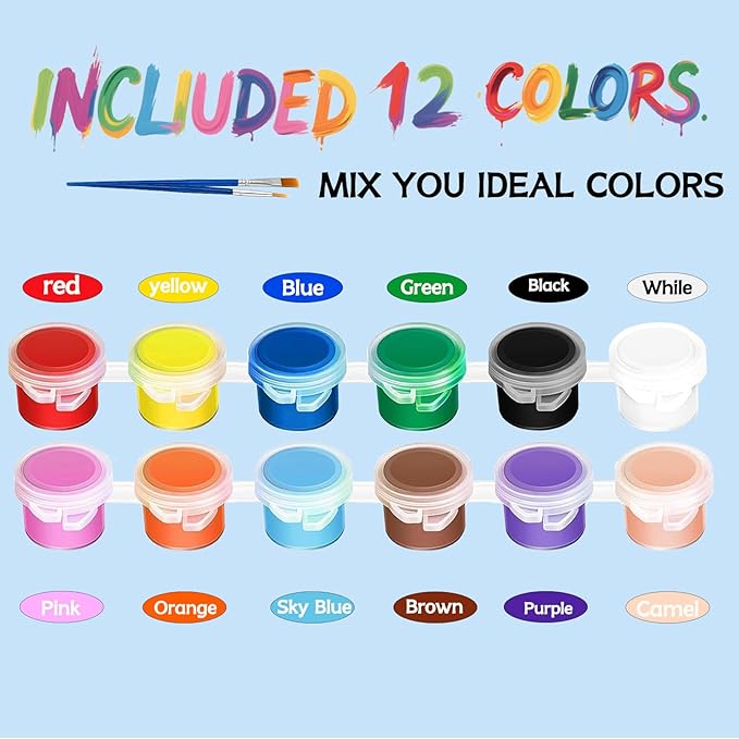 OLINGYOU 50 Pack Mini Acrylic Paint Set, 12 Colors Washable Paint Strips for Kids & Adults - Includes 100 Brushes, 600 PCS Kids Paint Kits for Easter Eggs, Birthday, Classroom Party，School Supplies