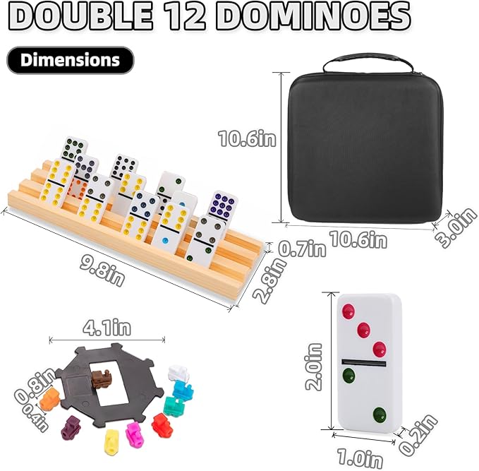 Mexican Train Dominoes Set with 8 Wooden Holders, Double 12 Colored Dot Dominoes with Update Hub, Travel Domino Train Game with 91 Tiles and Portable Carry Case, Family Board Team Games