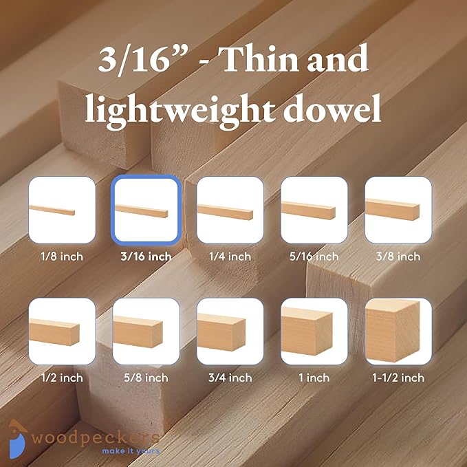 Wood Square Dowel Rods 3/16-inch x 48 Pack of 50 Wooden Craft Sticks for Crafts and Woodworking by Woodpeckers