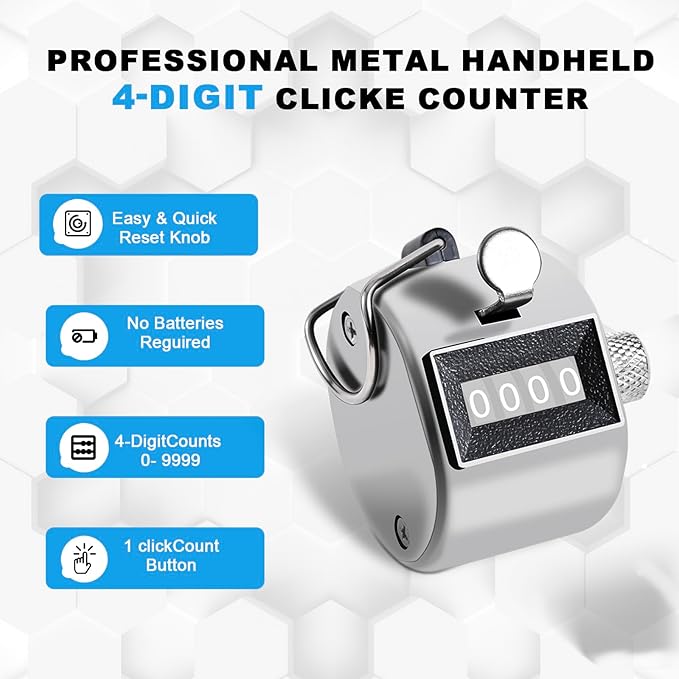 Metal Tally Counter Clicker Counter Handheld Pitch Counter, Manual Mechanical 4-Digit Number Click Counter, One Hand Counter Clicker Digital Counting for Coaching Knitting People Lap Fishing Golf&Row