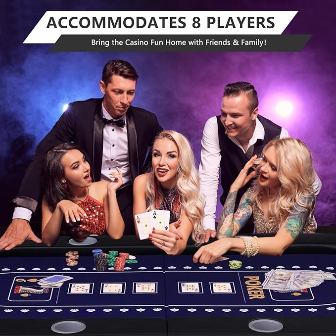 71" Foldable Poker Table for 8 Players, Professional Texas Hold'em Casino Table with Padded Rails& Cup Holders, Casino-Grade Felt Folding Game Table for Blackjack, Home, Parties, Game Nights