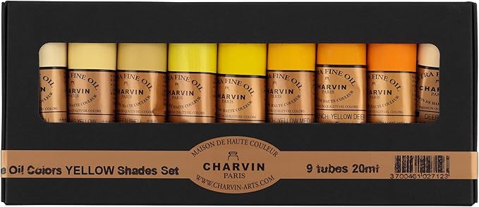 Charvin Extra Fine Professional Artist Oil Paint Set of 9 Shades of Yellow - 20ml - Triple-Milled for Smoothness, Rich Texture, Poppy Oil-Based, Light-Fast, Handmade Oil Color Paints for Professionals