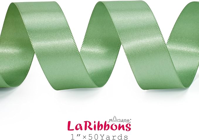 LaRibbons Sage Green Satin Ribbon 1 Inch 50 Yards Luxury Double Faced Green Silk Ribbon for Flower Bouquet Crafts Gift Wrapping Wedding Decoration