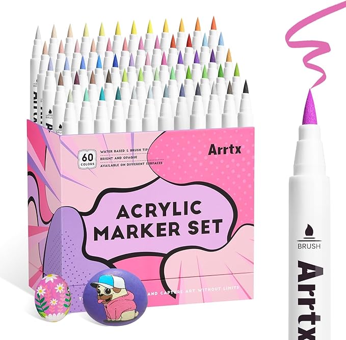 Arrtx 60 Colors Paint Markers Pens, Acrylic Paint Pens for Artists Adults Coloring Drawing Cartoon Anime Comic - Brush Tip for Rock Painting, Wood, Canvas, DIY Crafts Making Art Supplies-60B