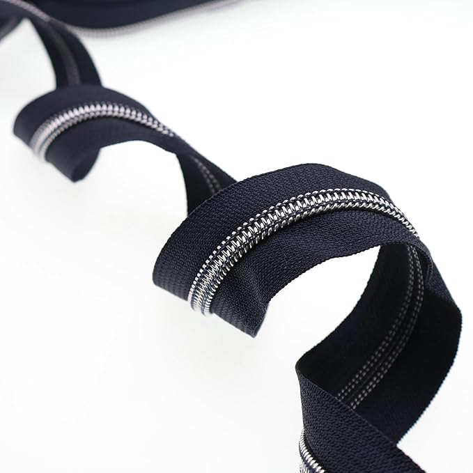 Leekayer Silver Metallic Nylon Coil Zippers by The Yard Bulk 10 Yards Navy Black with 25pcs Silver Sliders for DIY Sewing Tailor Craft Bag