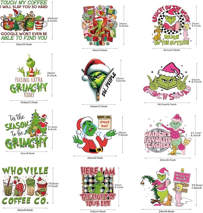 Christmas Iron on Decals Transfer, Funny Christmas Heat Transfer Stickers Iron on Patches for Clothes T-Shirts Pillow Cover Hoody Bag Xmas DIY Craft Supplies Vinyl Stickers (12PC-B)