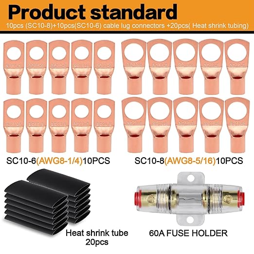 8 Gauge Wire Copper Aluminum CCA 50FT(25FT Red+25FT Black) Power & Ground Cable with 60A Fuse Holder,8ga Lugs,3:1 Heat Shrink Tube - Amp Wiring Kit for Car Audio,Battery,RV Trailer,Marine