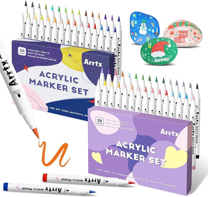 Arrtx Acrylic Paint Pens, 58 Colors for Rock Painting, Extra Brush Tip, Water Based Paint Markers for Stone, Glass, Easter Egg, Wood and Fabric Painting-No Toxic,No Odor-Type 30A+B