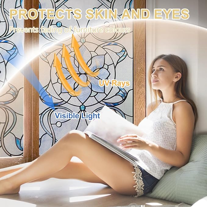 3D Stained Glass Window Privacy Film, Heat Control UV Blocking Static Cling Decorative Window Film for Bathroom,Front Door,Home Non Adhesive,16.9 x 78.7 inches Azure Bloom