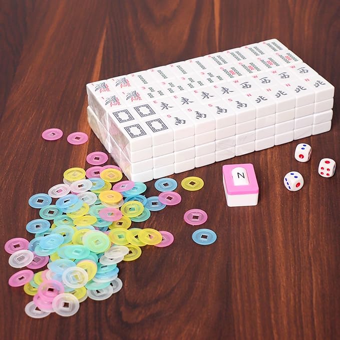 ZGME American Mahjong Set,166 White Tiles with Brown Rectangular Bag and Accessories,4 All-in-One Mahjong Racks with Pushers