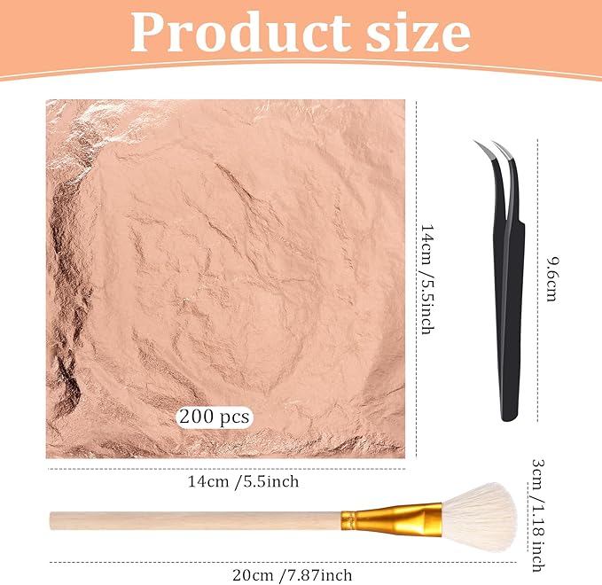 Cunhill 200 Pcs Gold Leaf Sheets for Art Foil Paper Leaf Art Foil Sheets Gilding Brush Thin Paper Craft for Painting Gilding Crafting Decoration,5.5 x 5.5 Inches (Rose Gold)