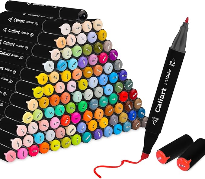 Caliart Markers, 100 Colors Dual Tip Art Markers Sketch Pens Permanent Alcohol Based, with Case for Adult Artist Halloween Drawing Sketching (Black Barrel)