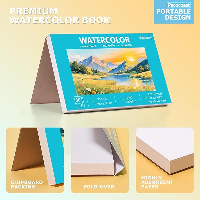 Pacocoast 5.5"x8.5" Small Watercolor Sketchbook for Kids, 30 Sheets of 140lb/300gsm Water Color Pads, Glue Bound Artist Drawing Paint Paper Book, Watercolor Notebook Journal, Teal