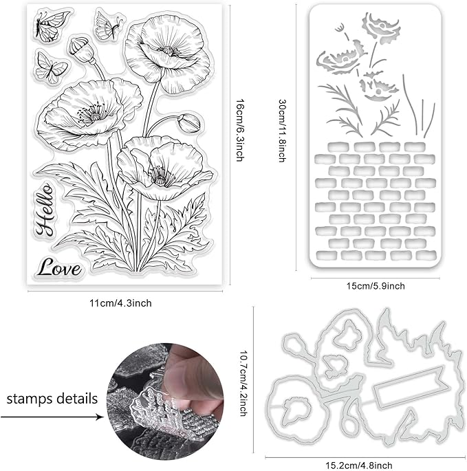 ORIGACH Realistic Corn Poppy Flower Stamps and Die and Layering Coloring Stencil Bundle for Card Making Album Arts Crafts Supplies