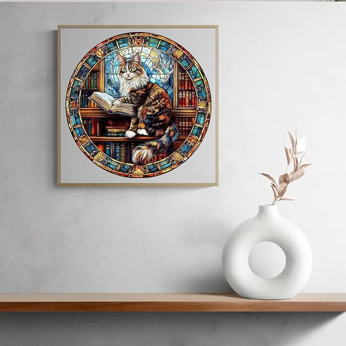 Wooden Puzzles Adults, Maine Cat Library Wooden Puzzles 100 Pieces, Unique Animal Shaped Wood Challenging Jigsaw Puzzles Gifts for Adults, 8.5x8.5in