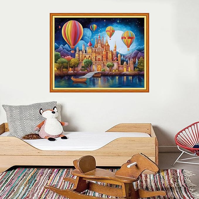 Foxdiviy Stamped Cross Stitch Kits for Beginners Full Range of Cross Stitching 11 CT Printed Cross Stitch Kits for Kids Adults Cross Stitch Patterns Needlepoint Kits-Castle hot air Balloon 16x20 inch