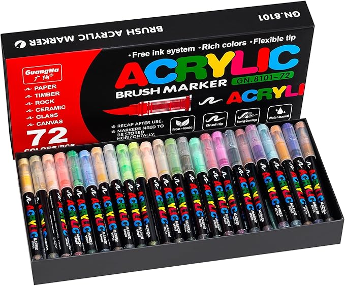 Acrylic Paint Markers Pens, 72 Vivid Colors Acrylic Markers Set,Direct Liquid Type, Stackable Color, Odorless Soft Head，Markers for School，Tooli Art ，Fabric & Creative Crafts (72)