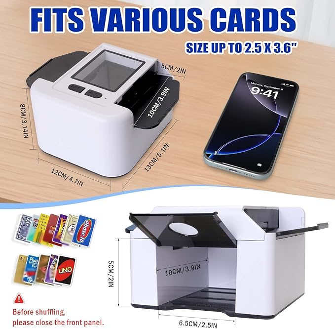 Smart Automatic Card Shuffler 1-2 Deck, Rechargeable Built-in 2000mAh Battery, Adehoei Electric Shuffling Machine for Poker, UNO, Blackjack, Skip-Bo, Phase 10, Texas Hold'em (White)