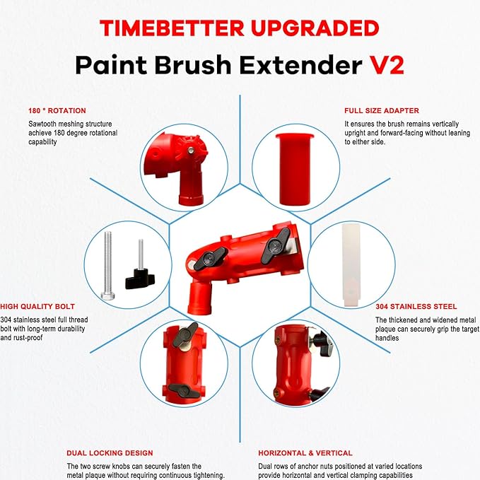 Multi Angle Paint Brush Extender V2, Long Handle Paint Brush, Extension Pole Attachments for Paint Roller, Paint Edger Tool for High Ceilings, Corner Painting Tools for Paint Extension Pole (Red)
