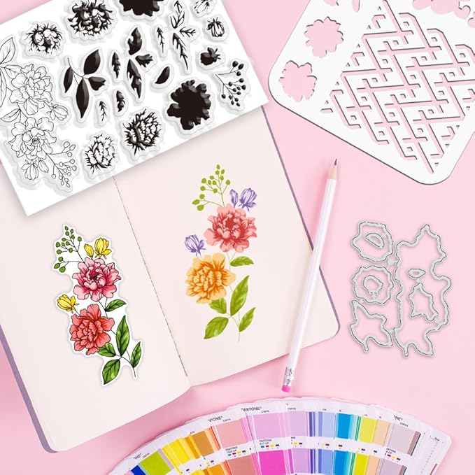 ORIGACH Realistic Flower Layering Stencil Stamp and Die Set for Card Making, Silicone Stamps Metal Die Cut and Stencil Template for Card Making Scrapbooking DIY Crafting