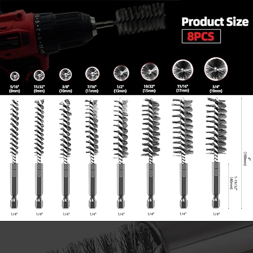 ASNOMY 8Pcs Wire Bore Brush for Drill,5/16"-3/4” Stainless Steel Copper Pipe Cleaner Set for Power Drill Cleaning,Abrasive Drill Wire Brush with 1/4" Hex Shank