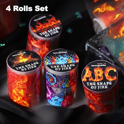 4 Rolls Fire-Themed PET Tape Set, Waterproof Pre-Cut Stickers for Journaling, Scrapbooking, DIY Crafts, Phone Case Decoration, with Decorative Clip