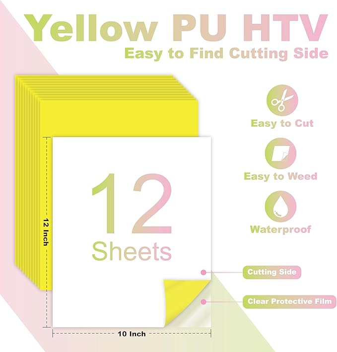Yellow PU Heat Transfer Vinyl, 12 Pcs 12"x10" HTV Sheets – Soft & Stretchable Iron-On Vinyl, Easy to Cut & Weed, Compatible with Cricut & Silhouette – Great for DIY Family Shirts & Crafts