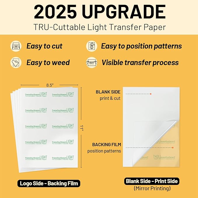TransOurDream Heat Transfer Paper for t Shirts Heat Press (10 Sheets, 8.5"x11") Printable Heat Transfer Vinyl for Inkjet Printer Light Iron on Transfers for Tshirts Cuttable & Self-Positionable