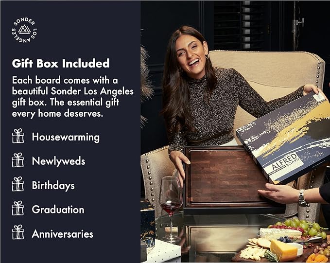 Sonder Los Angeles Alfred Cutting Board Made in USA | Black Walnut End Grain Cutting Board with Non-Slip Feet, Juice Groove, Sorting Compartments | Gift Box Included | 17x13x1.5 in