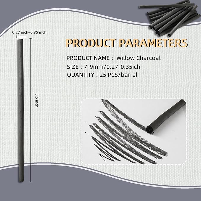 25 PCS Willow Charcoal Sticks, Ideal for Artists, Beginners, Students, Perfect for Sketching, Drawing, Shading, and Fine Art, 5.7 Inches Long, 2-4,4-5,5-7,7-9 (7-9)