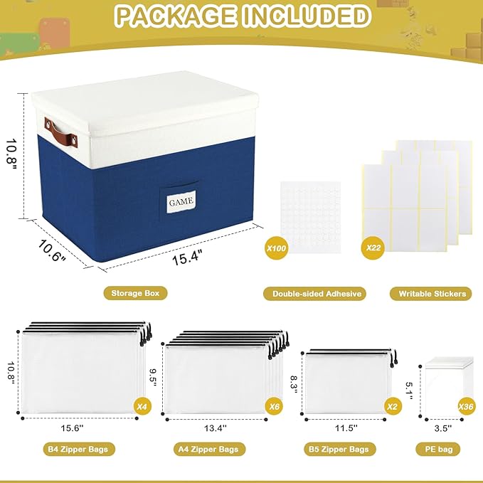 Board Game Storage with 12pcs Zipper Bags and Writable Stickers, Board Game Organizers Storage with Lid for Office Supplies, Puzzles, Video Game, Craft Product (1-Pack Large)
