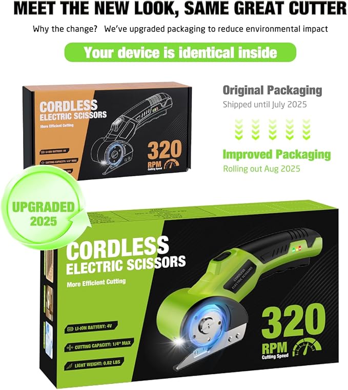 Cordless Electric Scissors：4V Rechargeable Cardboard Cutter, 3 Blades, Safety Lock & LED Light, Box Cutter for Carton Carpet Plastic Fabric Leather (Green)