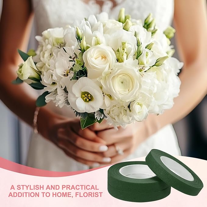 MECCANIXITY 3 Rolls Floral Tapes, 30 Yard x 1/16 in Florist Crepe Flowers Bouquets Tape Adhesive Waterproof for Flower Arranging Wrapping, Dark Green