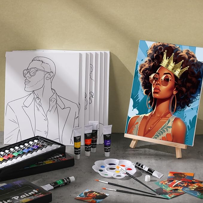 Cholemy 36 Pcs Paint and Sip Kit for Adults 8''x10'' Pre Drawn Canvas for Painting DIY Afro Acrylic Painting Kit Wood Easel Brushes Date Night Bulk for Christmas Party Gifts(Black Women)
