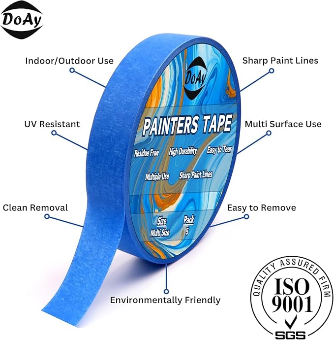 Blue Painters Tape 1/4" 3/8" 1/2" 5/8" 3/4" x 60 Yard - Multi Size Pack - Multi Surface Use - 5 Rolls