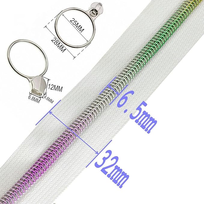 Leekayer #5 Rainbow Teeh Metallic Nylon Coil Zippers by The Yard Bulk 10 Yards White Zipper Tape with 25pcs Silver Ring Pull Sliders for DIY Sewing Tailor Craft Bag(White)