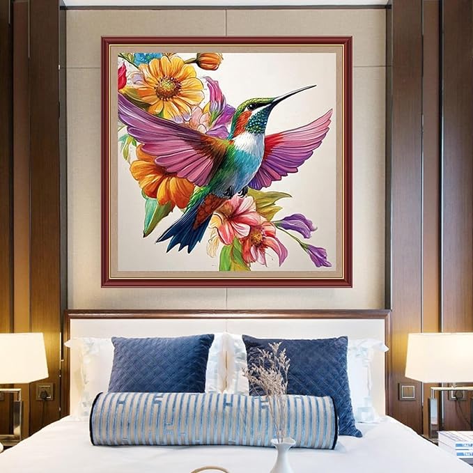 DMCXART Counted Cross Stitch Kits for Adults Needlepoint Kits Unprinted Cross Stitching Embroidery Kit 11CT Cross Stitch Supplies-Hummingbird Flowers 18x18 inch