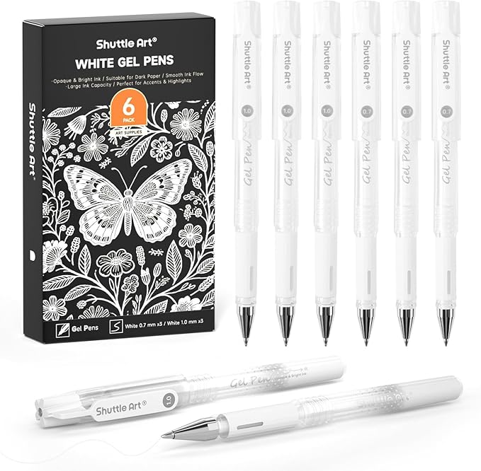 Shuttle Art White Gel Pens, 6 Pack 0.7mm, 1.0mm Gel Ink Pens Fine Point for Black Paper Highlighting Card Making Scrapbooking Coloring Writing Drawing Journaling Note Taking School Office Home