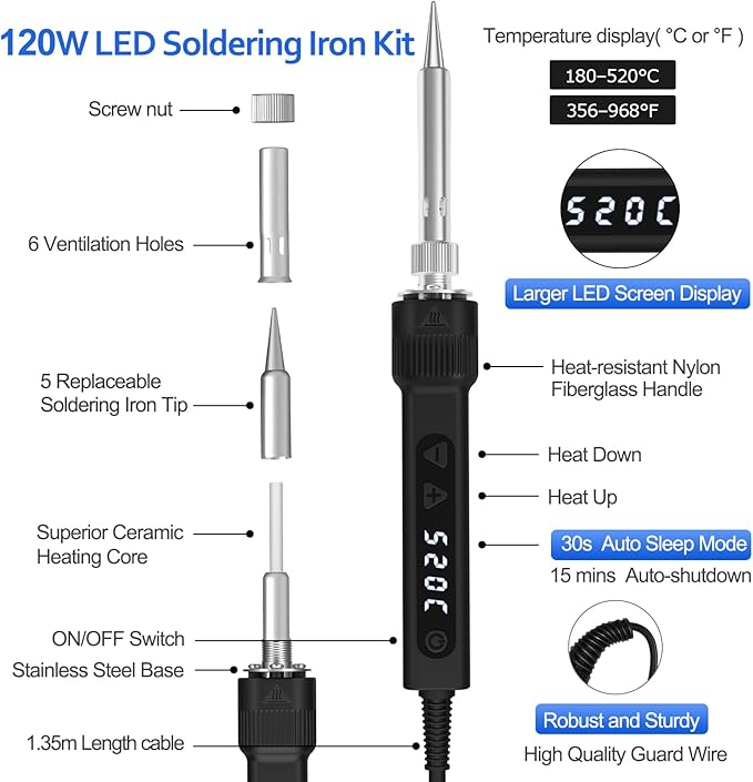 120W LED Soldering Iron Kit, 7s Fast Heating Adjustable Temp 356-968℉ Auto Sleep Precision Welding Gun Tools Electronics Repair with Solder Wire, 5 Soldering Tips, Desoldering Pump, Stand, Tweezers