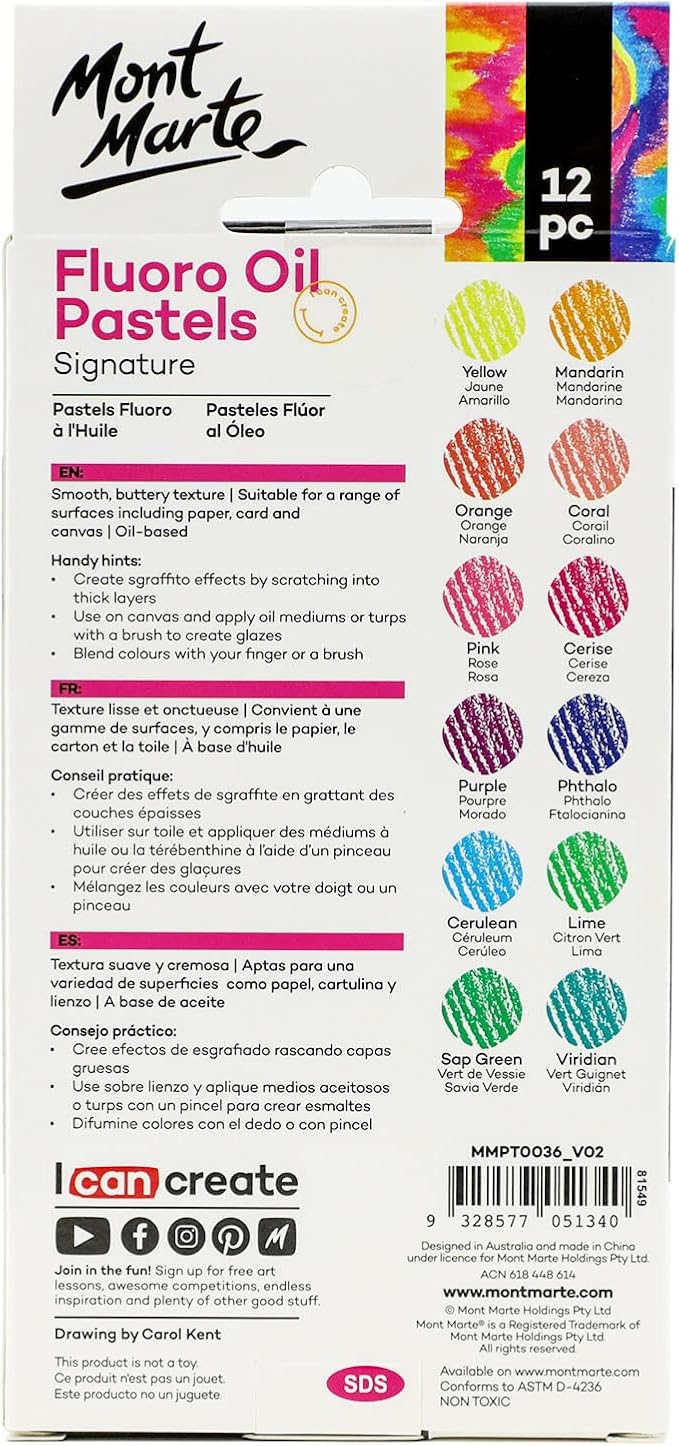 Mont Marte Fluoro Oil Pastels Signature 12pc, 12 Assorted Colors, Vibrant Oil Pastel Set, Great Blending and Layering, Ideal for Art, Craft, Coloring and Sketching
