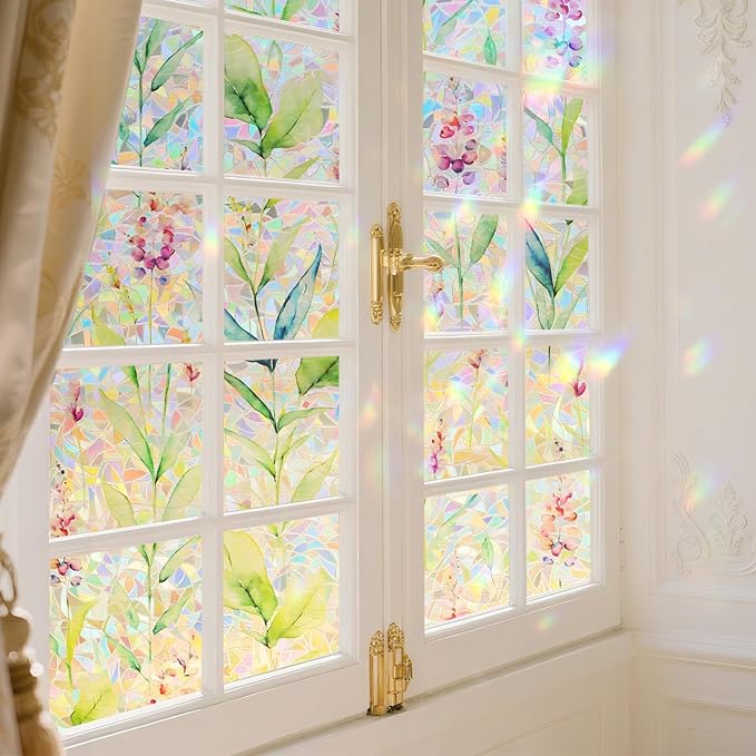 Donox Decorative Window Privacy Film, 3D Floral Stained Glass Window Film Static Cling Rainbow Privacy Sticker for Glass Door Heat Control Anti UV, No Adhesive (Gladiolus,23.6 x 157.4 inches)