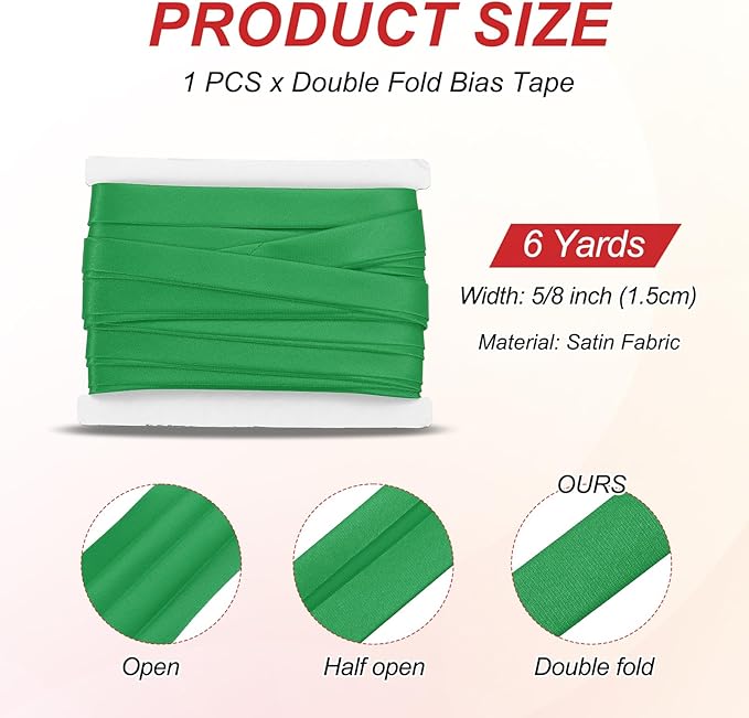 MECCANIXITY Double Fold Bias Tape for Sewing 5/8 Inch x 6 Yards Satin Pre-fold Continuous Binding Tape for Seaming Quilting Hemming Binding DIY Crafts, Dark Green