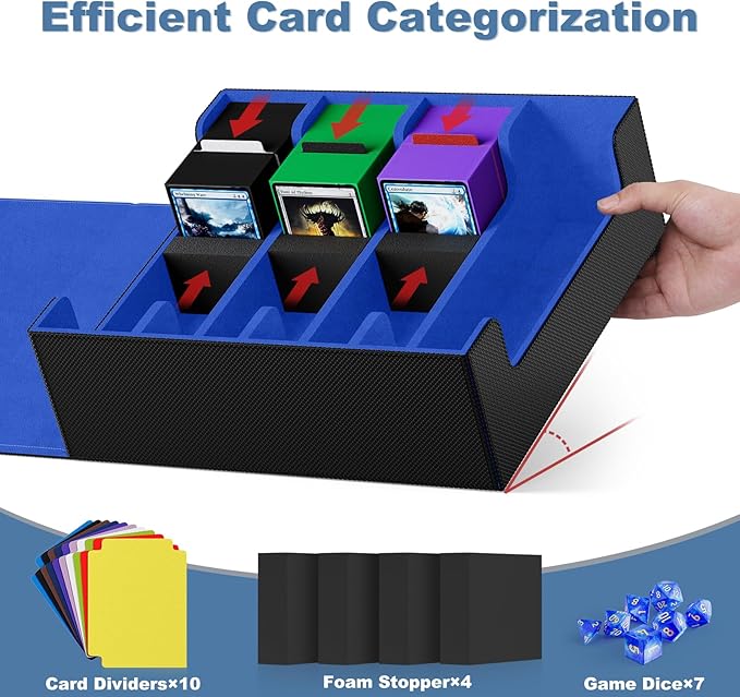 Mlikero Card Deck Case, 2400+ Trading Card Storage Box with 10 Colorful Dividers and 4 Foam Stoppers, Leather Magnetic Closure Commander Deck Box Fit for MTG, TCG (4 Rows, Black&Blue)