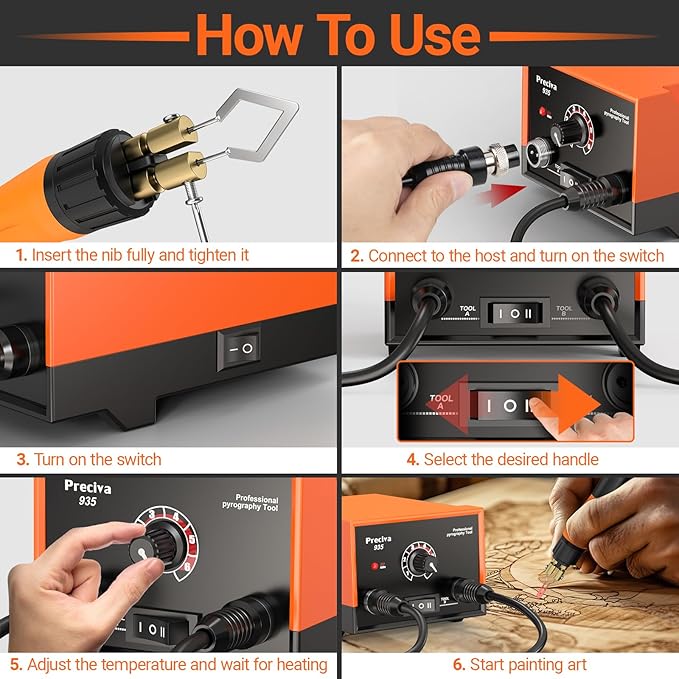 Preciva 935 Dual Handle Wood Burning Kit - Professional Pyrography Tool with 20 Wire Nibs & Pen Holder | Adjustable Temp 482~1382℉ | for Wood Burning, Leather Craft, Art Designs