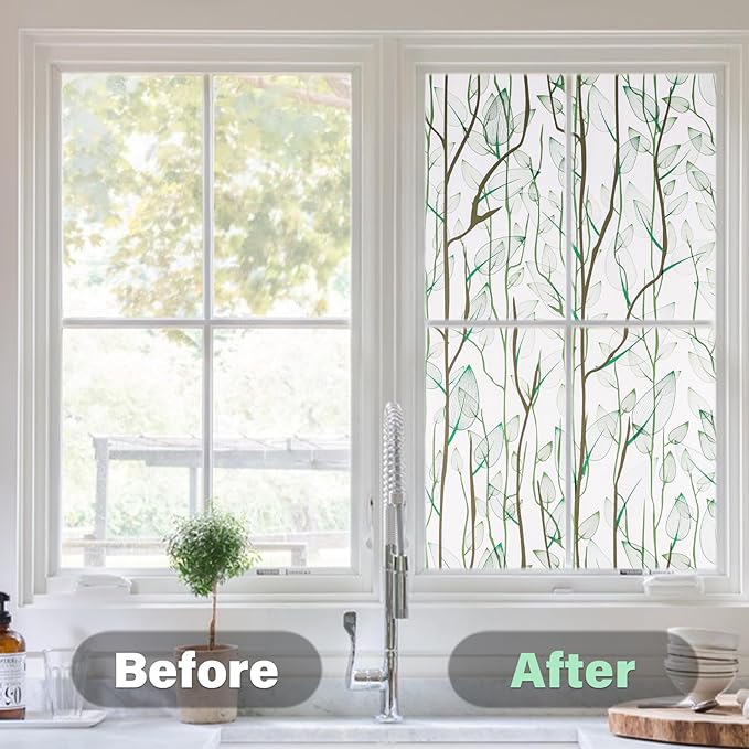 Donox Frosted Glass Window Film Heat Control UV Blocking, Static Cling Reusable Home Bathroom Door Window Privacy Film, Green Leaf Pattern Window Covering with Installation Tool, 17.5 in x 6.5 feet