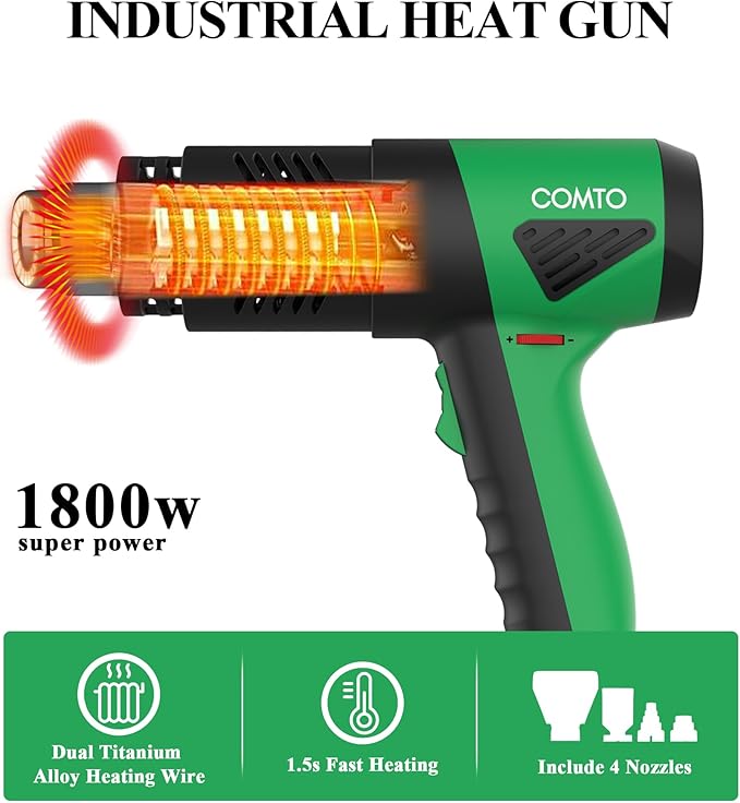 1800W Industrial Heat Gun, Fast Heating 122℉-1202℉ Variable Temperature Control Overheat Protection 2 Speed Air Flow with 4 Nozzles for Crafts, Shrinking Tubing, Vinyl Wrap (SG-1004)