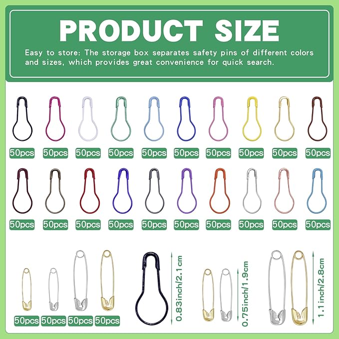 1200 Pcs 22 Colors Metal Safety Pins,Bulb Gourd Pins Pear Shaped Pins for Knitting Stitch Markers, Sewing Clothing DIY Craft Making with Storage Box