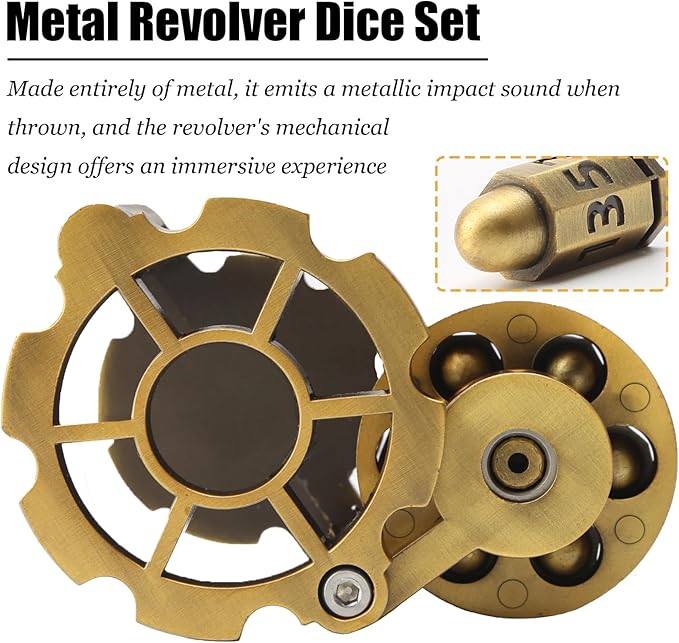 Bullet Dice, Revolver Bullet Metal Dice Set with Spinning Revolver Cylinder Container & Seven Polyhedron Dices for Sci-Fi, War, Crime Theme Tabletop Games