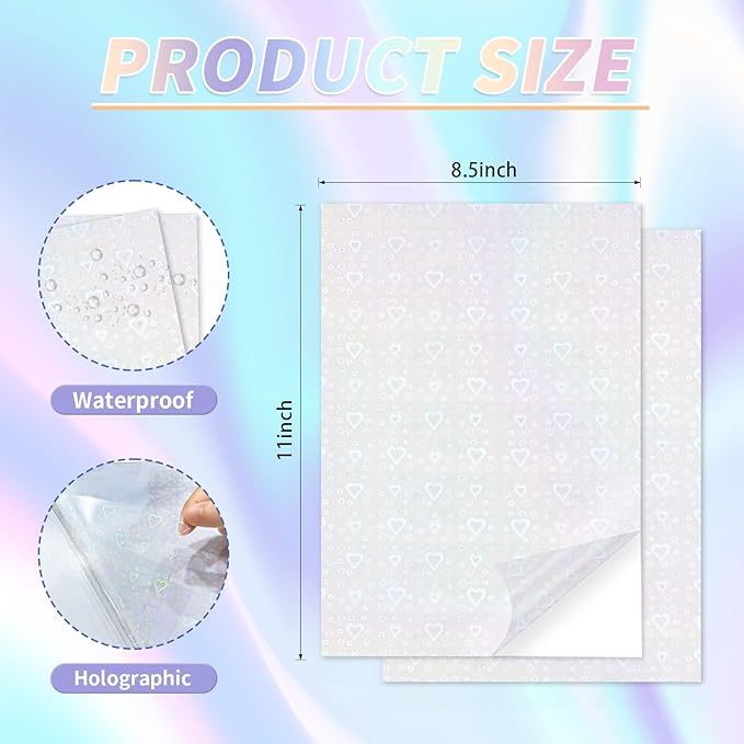 20 Sheets Holographic Sticker Paper,8.5x11 Inch Clear Printable Vinyl Sticker Papers,Self-Adhesive Waterproof for Inkjet/Laser Printer（Clear Heart）