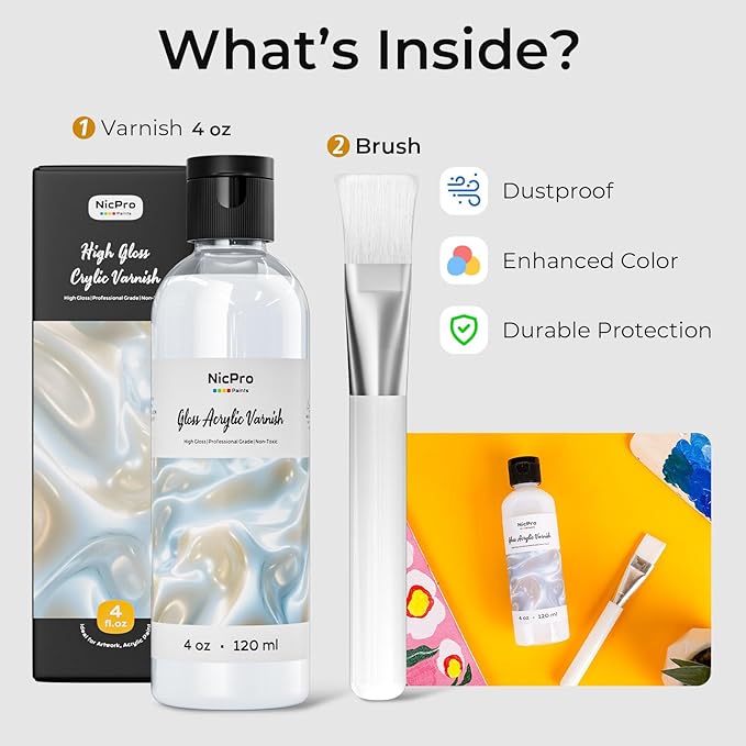 Nicpro Gloss Varnish for Acrylic Painting 4oz, Non-Yellowing, Non-Toxic, Anti-Crazing, Clear Acrylic Varnish for Pro Artist, Hobby Painter on Canvas Artwork, Acrylics Paint, Wood, High Gloss Finish